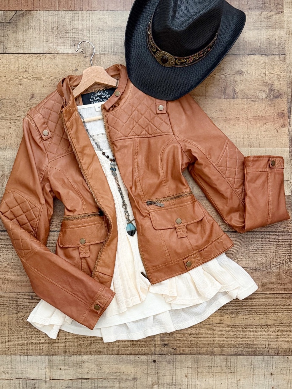 Cognac Quilted Moto Vegan Leather Jacket by BLANC NOIR